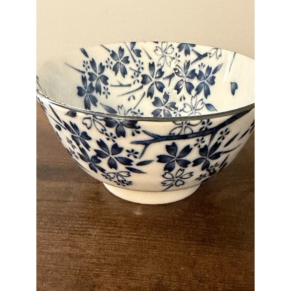 EDO Japan Blue White Floral Porcelain Rice Bowl Silver Tone Rim 5.25